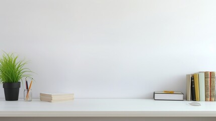 Workspace - office table, books, empty desk with books near a light wall, space for text and copying, display case with goods