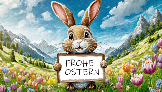 painting animal bunny holding sign saying "Frohe Ostern" in german language