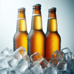 cold bottles of beer in ice isolated on solid white background. ai generative