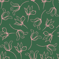 Hand drawn flowers seamless repeat pattern. Random placed, vector botany aop all over surface print on green background.