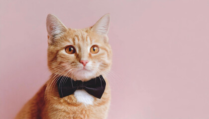 Elegant ginger cat in a black bow tie on a pink pastel background. Copy space