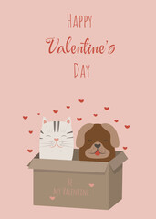 Happy Valentine's Day banner. Illustration with pets. Flyer with cat and dog sitting in a box and hearts above them. Be my Valentine inscription.