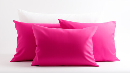 Soft colorful pillows in trendy Pink Color of the Year 2023 Viva Magenta on white background. Generate Ai