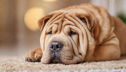 Cute shar pei dog is resting lying on the ground, blurred beige interior, close-up