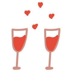 Hand-drawn illustration of glasses with red wine and hearts. Doodle isolated on white background. 