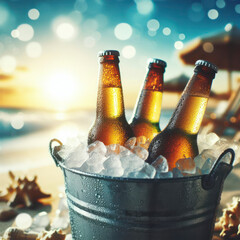 cold bottles of beer in ice on the beach in a bucket bokeh background. ai generative