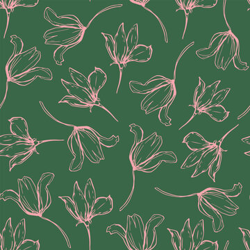 Hand drawn flowers seamless repeat pattern. Random placed, vector botany aop all over surface print on green background.