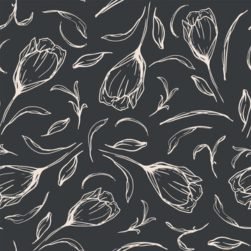 Hand drawn flowers with leaves and grass seamless repeat pattern. Random placed, vector botany aop all over surface print on grey background.