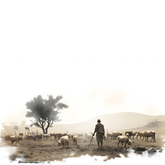 Farmer tending to livestock on a farm isolated on white background, vintage, png
