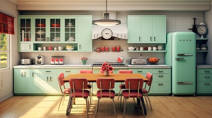 A kitchen with a retro or vintage aesthetic.
