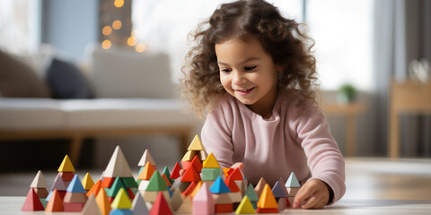 Portrait happy kid playing in a kindergarten or children's room at home with wooden educational toys. Concept of leisure, development, education. Banner - obrazy, fototapety, plakaty