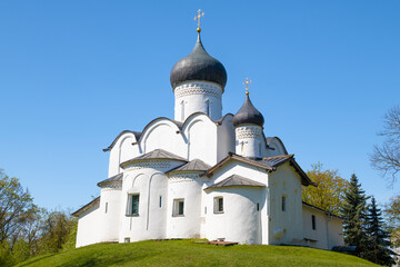 Fototapeta na wymiar Medieval Church of Basil the Great on a Hill on a sunny May day. Pskov, Russia