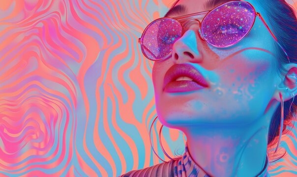 Fashionable, stylish hipster girl in pink glasses. The concept of self-expression and freedom of choice. Colorful, youth illustration for banner and background on social networks.