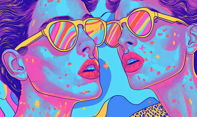 Two hipsters in sunglasses. Freedom and audacity of youth. Self expression concept. Modern, designer, youth illustration for advertising on the website and youth social networks. - obrazy, fototapety, plakaty