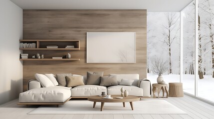 A minimalist living room with a monochromatic color scheme.