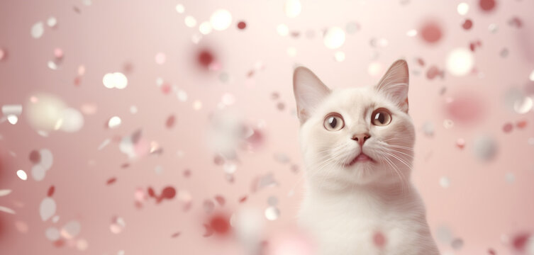 Curious white cat amidst a shower of pink confetti. Holiday concept. Design for Birthday, invitation or greeting card. Image for pet care or lifestyle magazine or event planning service. 