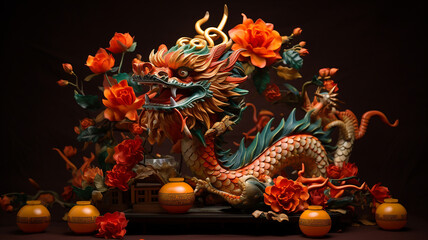 Obraz premium Statue of dragon and Chinese lanterns.