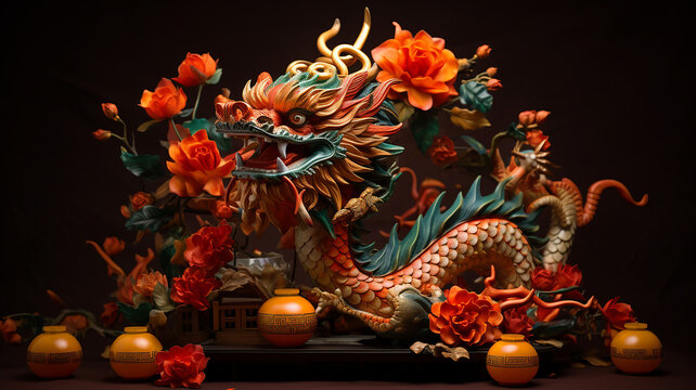 Statue of dragon and Chinese lanterns.