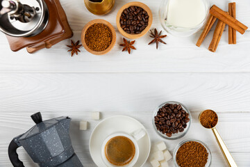 Ingredients for making coffee. Moka pot, Turkish coffee pots (cezve), coffee grinder with coffee beans, milk, sugar and spices on a white background. Drink preparation concept. Flat Lay.Copy space.