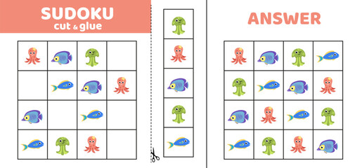 Fototapeta na wymiar Sudoku with four sea fishes and animals. Game puzzle for kids. Cut and glue. Cartoon