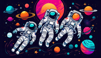 Cute funky astronauts floating in space digital art