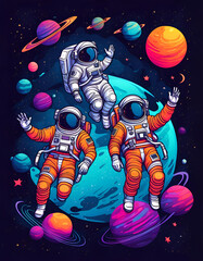 Cute astronauts in space design in vivid colors digital art