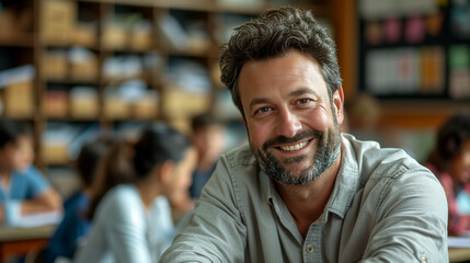 Fototapeta premium Portrait of Smiling Male Teacher in Elementary School Classroom, Students Learning in Background