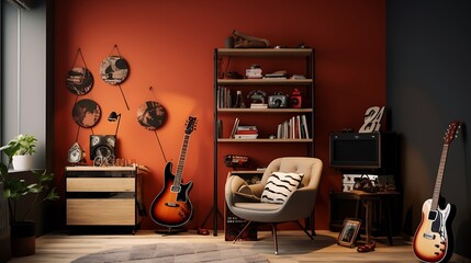 A music corner with instruments and soundproofing.