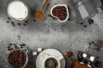 Ingredients for making coffee. Different ways to make coffee geyser moka maker,turkish coffee pots (cezve). Coffee making concept with milk, cinnamon and star anise. Flat Lay. Top view. Copy space