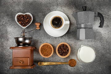 Ingredients for making coffee. Different ways to make coffee geyser moka maker,turkish coffee pots...