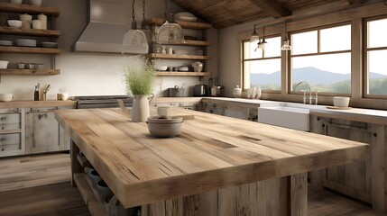 A rustic farmhokitchen with reclaimed wood accents and a farmhosink.