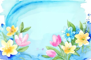 Spring banner in blue colors with multi-colored flowers. Lots of space in the center for text. The concept of Mother's Day, birthday