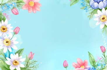Obraz na płótnie Canvas Watercolor banner in Easter style in blue pastel shades with colorful spring flowers, tulips. Concept, Easter, centered space for text