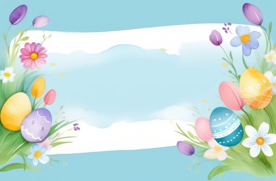 Watercolor banner in Easter style in blue pastel shades with colorful spring flowers, tulips. Centered space for text