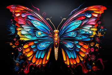 Abstract, multicolored neon butterfly, pop art style on a black background. - obrazy, fototapety, plakaty
