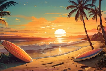 Surfboard on the beach with sunset background. Sunset on the coast, seascape in retro style. A banner for a website or poster.