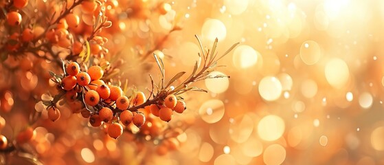 Sanddorn Beeren am Zweig, reife, orange farbene Früchte vor verschwommenen Hintergrund mit Leerraum für Marketing, Text, Werbung