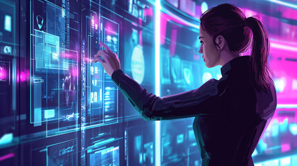 Digital Connectivity: Woman with headphones immersed in music against a futuristic technological backdrop