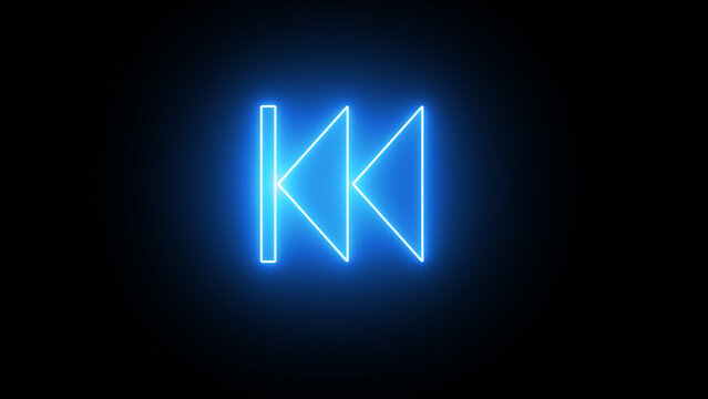 Linear neon animation of blue rewind button on black background. Motion graphic.