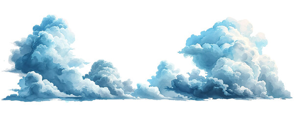 Watercolor painting of fluffy, multi-colored clouds against, isolated on a white background