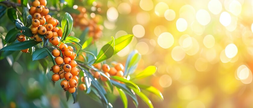 Sanddorn Beeren am Zweig, reife, orange farbene Früchte vor verschwommenen Hintergrund mit Leerraum für Marketing, Text, Werbung