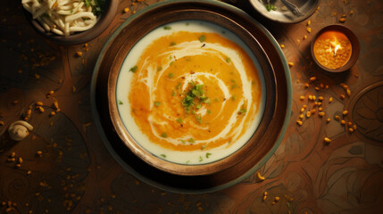 A bowl of rich and creamy shorba, a traditional soup often eaten during Sahur in Ramadhan