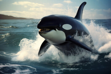 Killer whale aka Orca leaping from sunset ocean water with splashes. Orcinus orca.