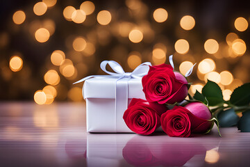 Gift box with red ribbon and rose. Valentine's Day background. - Powered by Adobe