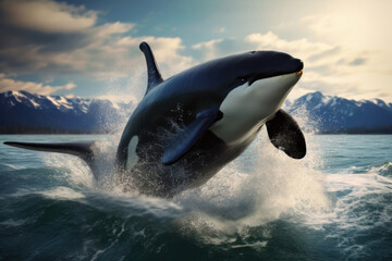 Killer whale aka Orca leaping from sunset ocean water with splashes. Orcinus orca.
