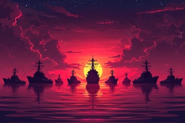 Silhouette of battle ships in the sea. illustration.