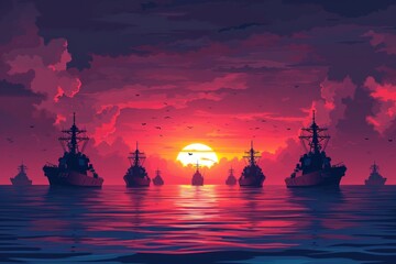Military ships in the sea at sunset.  illustration for your design