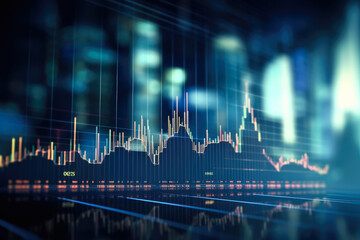 financial chart on cityscape background. 3d rendering toned image double exposure