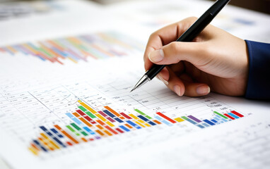 Businessman analyzing investment charts with a pen. Close-up of male hand.