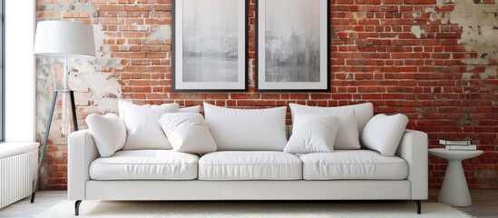 White sofa, pillows, and white carpet in living room with lamp near red brick wall displaying artwork.